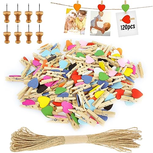 Hengxinc Lot de 120 Mini Pince à Linge Bois Le cœur Mini Pince à Linge Mariage Petite Epingle en Bois pour Photo pour Polaroid Photo avec 10M Corde de Jute...