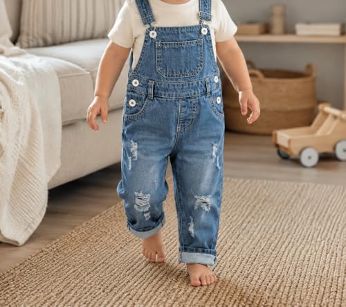 Image of KIDSCOOL Toddler Baby Denim Overalls Ripped Holes Jean Bib Romper Jumpsuit