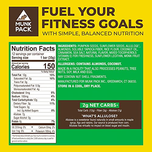 Munk Pack Keto Nut & Seed Bar | Plant Based Keto Snacks for Sports, Hiking & Outdoor Activities | No Added Sugar, Soy & Gluten Free | 3g Net Carbs, Low Calorie | Pumpkin Seed Cinnamon Almond | 12 Pack