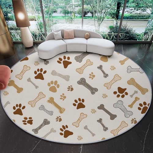Alfombra Redonda Franela 100 cm - Vistoso Antideslizante Plegable Pelo Corto Arte Dibujos Animados Lindo Huellas de Perro Huesos Patrón Alfombra para Salón Cocina Dormitorio o Terraza Decorativo