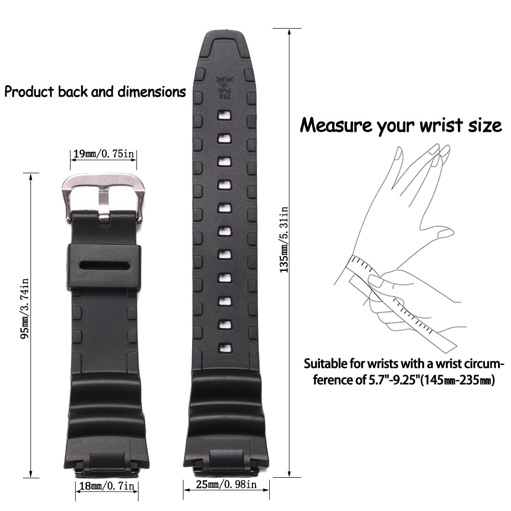 Zapasowy pasek do zegarka z żywicy naturalnej, kompatybilny z Casio AE-1200 SGW-300H MRW-200H W-735H wodoodporny gumowy pasek, Czarna srebrna klamra, 18mm, Klasyczny