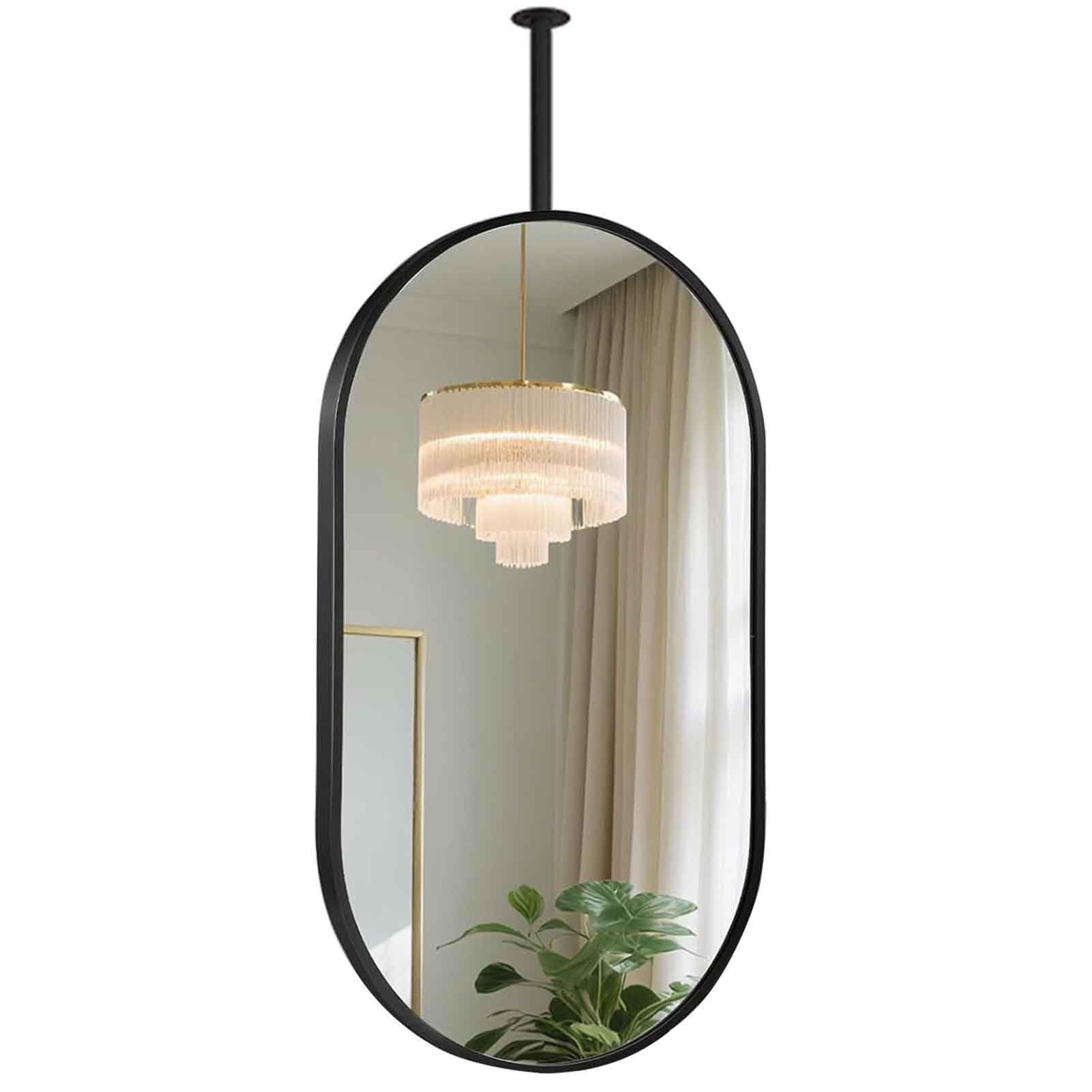 FGXHHS Black Oval Mirror, Metal Pole Ceiling Mounted Suspended Mirrors Frame Glass HD Mirror for Bathroom, Entryway, Living Room(60cmx100cm)