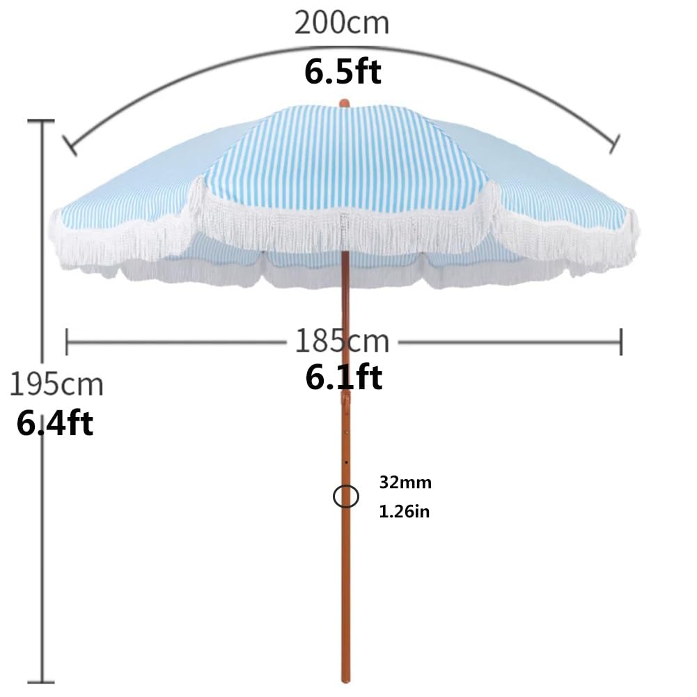 Pasiasty Parasol Plażowy z Frędzlami, 200 cm Boho Przenośny Parasol Ogrodowy z Przyciskiem Pochylania do Basenu, Pikniku i na Podwórko(Pink)