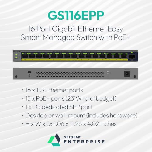Image of NETGEAR 16-Port Gigabit Ethernet PoE+ Easy Smart Managed Switch - with 15 x PoE+ @ 231W, 1 x SFP, Fanless, Desktop or Wall Mount (GS116EPP)