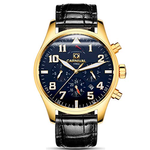 Carnival Relojes para Hombre Reloj Mecánico Automático Calendario Correa de Cuero Deport Analógico Reloj Gents,Negro