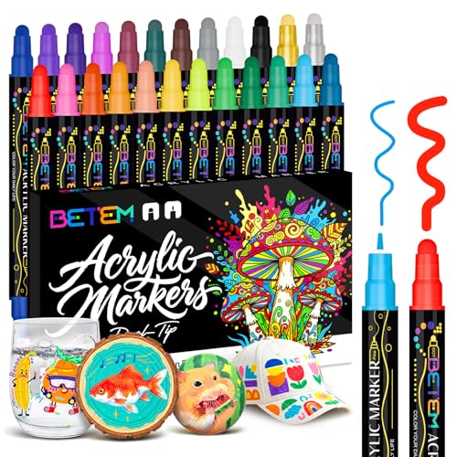 Betem Marcadores acrílicos de ponta dupla de 24 cores, marcadores acrílicos para pintar pedras, tecido, madeira, tela, cerâmica, graffiti, vidro, marcadores lettering para artesanato