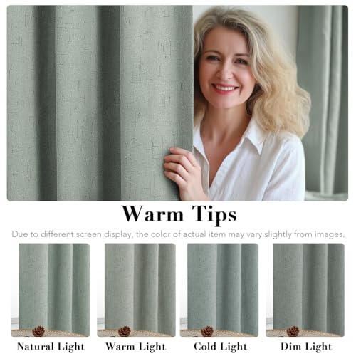Image of H.VERSAILTEX Linen Curtains 100% Blackout Curtains for Bedroom 102 inch Long Full Light Blocking Nature Linen Blended Window Curtains for Living Room Nickel Grommet (2 Panels, Green Bay)
