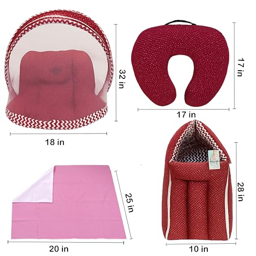 Image of Fareto Combo of Baby Bed with Net | Carry Bag | 4 Pcs Bedding Set (0-6 Months, Baby Size, Cotton) (Polka red)