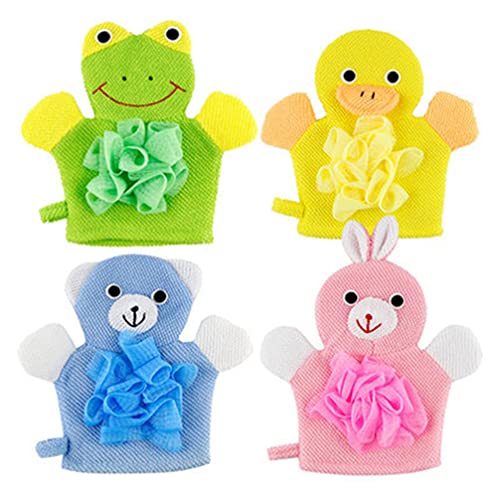 SOLUSTRE Cartoon Kids Bath Gloves 4-Pack Baby Bath Towels Soft Exfoliating Scrubbing Mitts for Gentle Skin Massage and Fun Time