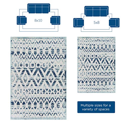 Modway Reflect Distressed Vintage Diamond And Chevron Moroccan Trellis 8X10 Indoor And Outdoor Area Rug, 8 Ft X 10 Ft, Tamako/Ivory And Blue #TOP2