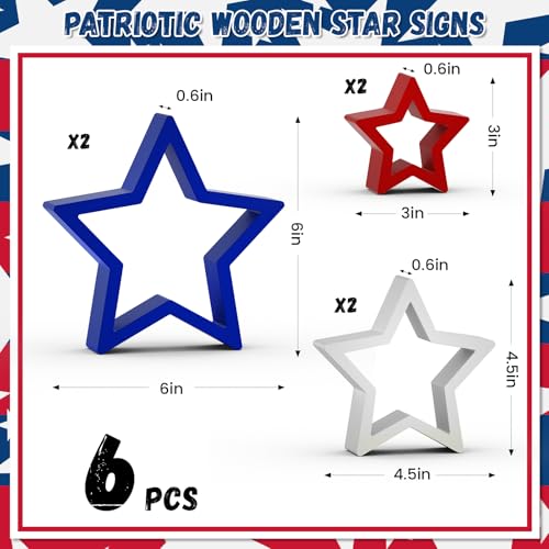 Image of 6 PCS Patriotic Wooden Star Sign Table Decor 4th of July Centerpiece Star Tiered Tray Decoration for Independence Day Memorial Day (Red,Blue and White)