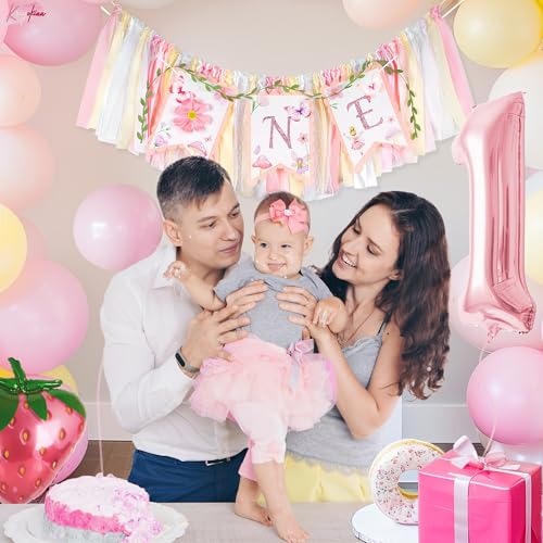 Image of Kriyokiaa Highchair Banner 1st Birthday Girl Floral and Butterfly Fairy Theme First Birthday Party Decoration for Photo Background