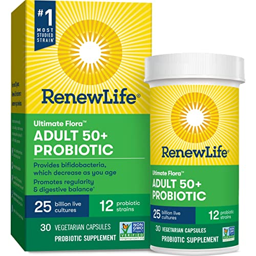 Renew Life Adult Probiotics 50+, 25 Billion CFU Guaranteed, Probiotic Supplement for Digestive & Immune Health, Shelf Stable, Gluten Free, Extra Care, For Men & Women, 30 Capsules