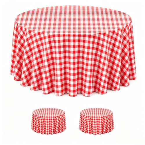 Image of WNINK 2 Pack Red Gingham Round Tablecloth, 84 Inch Disposable Plastic Table Covers, Red Checkered Round Table Cover for Birthday Parties, Holiday, Picnic, BBQ, Family Gathering Party Supplies