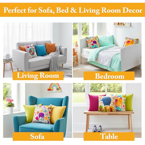 Image of GLUN Set of 5 Polycotton Cushion Covers, Multicolour Bohemian Elephant Print, 16 x 16 Inch Size Covers, Playful Cushion Covers for Sofa & Living Room Decor