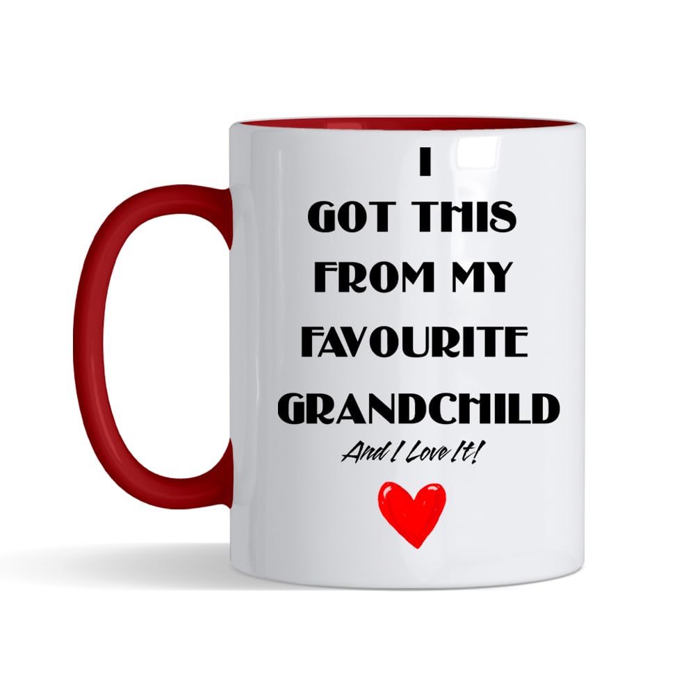 I got This from My Favourite Grandchild - Grandpa Grandma Granny Birthday Mug, Ceramic 11 oz, Inside Coloured and Handle Coffee, Tea Mug. (Red)