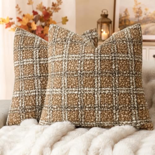 Image of Foindtower Pack of 2 Soft Faux Fur Boucle Throw Decorative Pillow Covers Fuzzy Accent Check Cushion Sherpa Boho Farmhouse Pillowcase for Couch Sofa Bed Living Room Home Decor 18x18 Inch,Light Brown