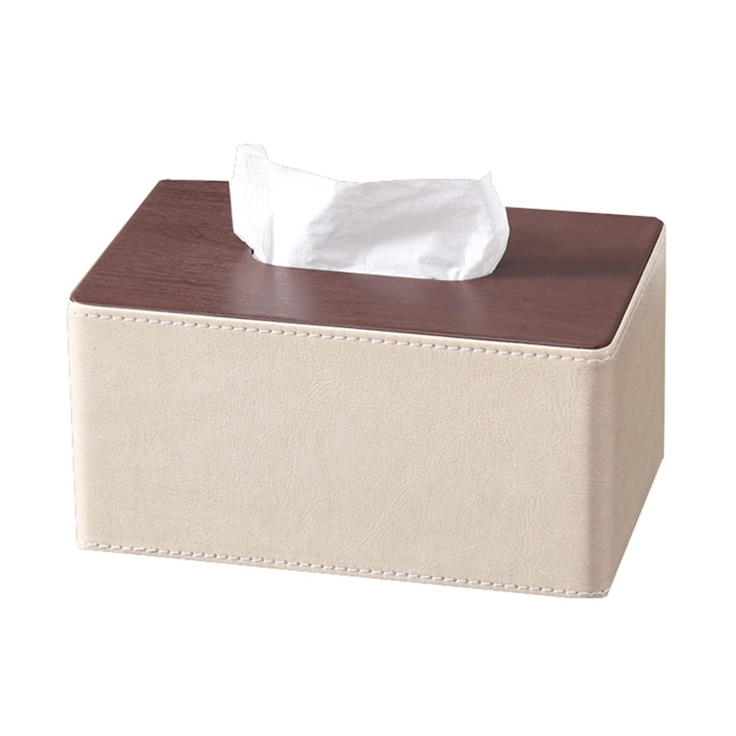 Drewniane pudełko na chusteczki, prostokątny, dozownik etui na papier ze skóry PU, pudełko na chusteczki, organizer, uchwyt do łazienki, na toaletkę, blat nocny, stojak samochodowy, beżowy, rozmiar L