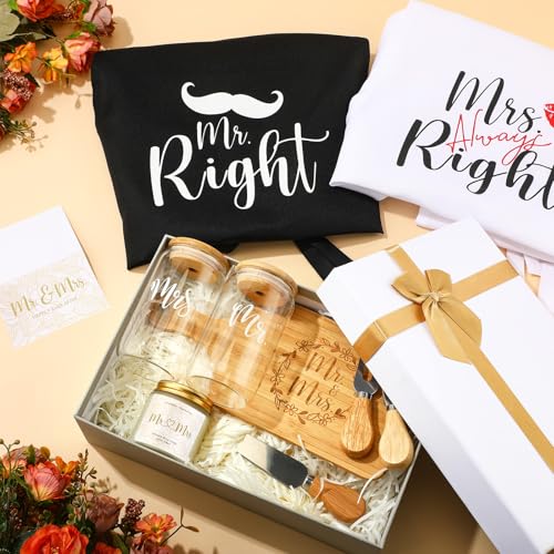 12 Pcs Wedding Gifts for Couples Mr Right Mrs Always Right Glass Cups Aprons Charcuterie Board Candle Butter Knife Box for Bridal Shower Engagement Anniversary Newlywed Bride His and Her - Image 6