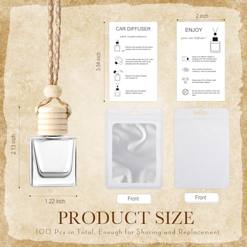 Image of Boao 100 Sets Hanging Car Air Freshener Diffuser Bottles with Instruction Card and 4 x 6'' Resealable Holographic Bag for Empty Car Essential Oil Perfume Bottles Packaging (Cube)