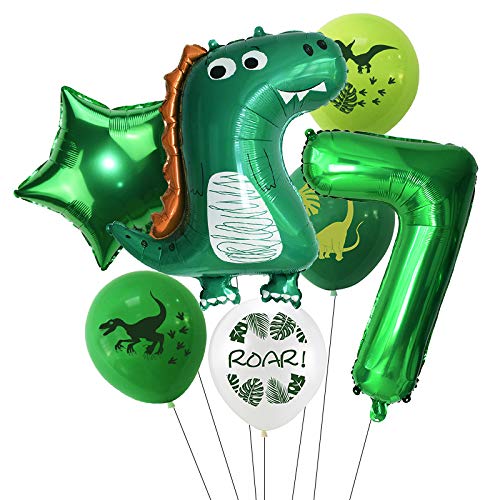 Haosell Globo de dinosaurios grandes 7 años, decoración para cumpleaños infantil, diseño de dinosaurios verdes - 1 globo XXL Dino + número 7 globos + 1 globo de estrella + 4 globos de dinosaurios Cover