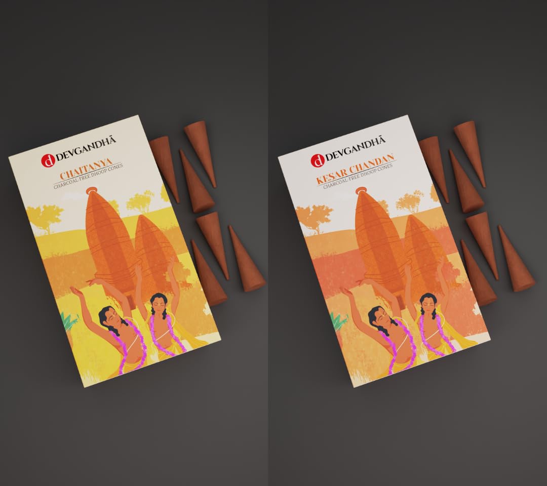 Devgandha Pack of 2 dhoop Cones | Charcoal-Free dhoop Cones | 2 fragrances Chaitanya & Kesar Chandan | 300 GM (Approx. 100 Cones)