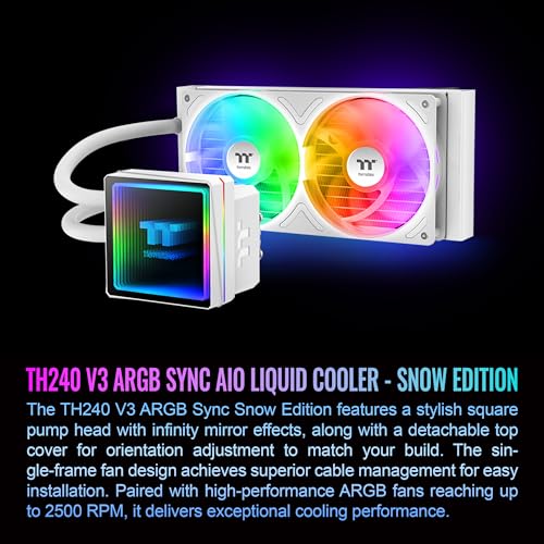 Image of Thermaltake TH240 V3 ARGB CPU Liquid Cooler; Intel /AMD; 1x240mm 500~2500rpm Single Frame ARGB Fan; 240mm Radiator; ARGB Infinity Mirror; Rotatable Pump Head; Snow; CL-W467-PL12SW-A