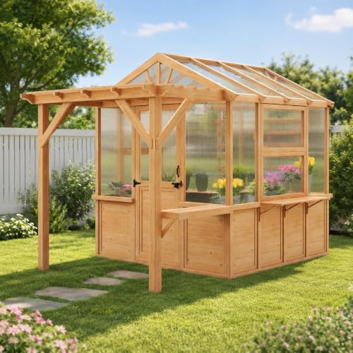 Image of EROMMY 7x11 FT Spruce Wood Greenhouse with Pergola, Walk-in Outdoor Greenhouse Kit with Polycarbonate Panels, Top-Hung Windows, Built-in Workstation & Staging Shelves for Backyard Garden
