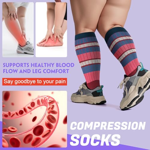 Image of 4 Pairs Plus Size Compression Socks,Extra Wide Calf 20-30 mmHg Knee High Compression Socks for Men Women Circulation