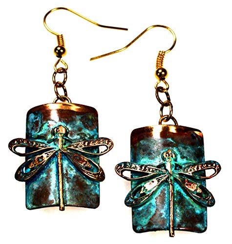 Verdigris Patina Solid Brass Dragonfly on Barrel Shaped Rectangle Dangle Earrings - USA Made
