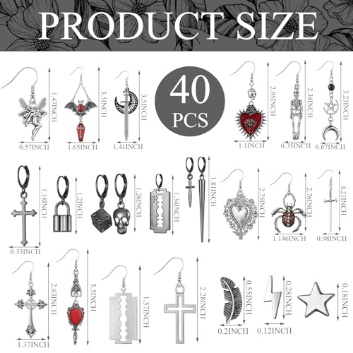 Yinkin 40 Pairs Goth Earrings Set Grunge Punk Rock Dangle Earring Gothic Y2k Jewelry Bat Cross Snake Skull Earrings for Women2
