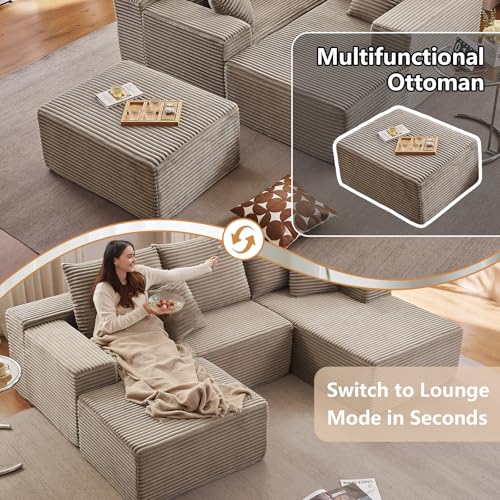 Image of 107 inch Modular Sectional Sofa with Ottoman, Modern Corduroy Cloud Couch with Deep Seat, Boneless Couch Upholstered 3-Seater U-Shaped Sofa for Living Room, No Assembly (Camel, Right-Facing Chaise)