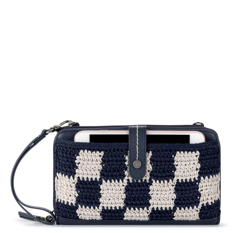 The Sak Iris Large Smartphone Crossbody Bag in Crochet and Faux Leather, Convertible Wristlet Purse Design, Denim Check2