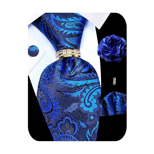 Image of 5PCS Tie and Pocket Square for Men, Silk Necktie and Handkerchief Cufflinks with Gold Ring and Lapel Pin Set