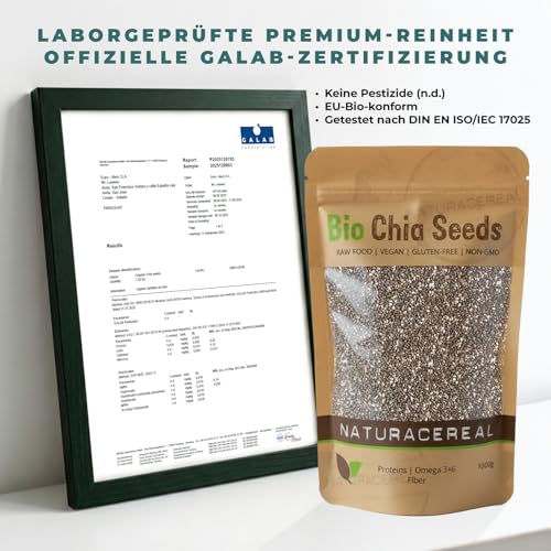 Chia Samen Bio 1 kg – Naturacereal Bio Chiasamen – Vegan, glutenfrei & ballaststoffreich – Hochwertiges Superfood mit Omega-3 & pflanzlichem Protein – perfekt für Smoothies, Müsli & Backen