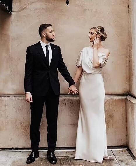 One Shoulder Satin Mother of The Bride Dresses for Wedding Mermaid Half Sleeve Formal Evening Party GownPM143