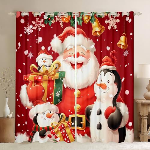Cartoon Santa Claus Window Curtains Cute Penguin Curtain Merry Christmas Window Drapes for Kid Teens Boys Young Man Xmas Berry Leaves Bedroom Decorative,42Wx84L