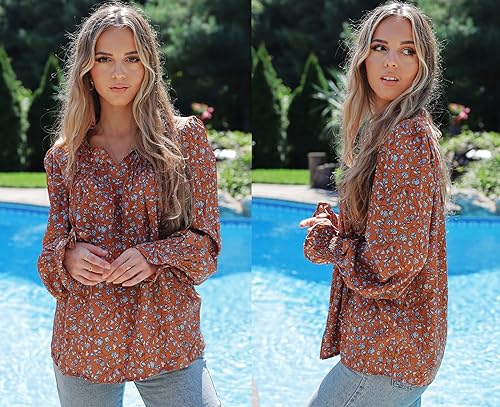 HOTOUCH Womens Long Sleeve Tops Boho Floral Printed Blouses Casual V Neck Pleated Drawstring Peasant Shirts3