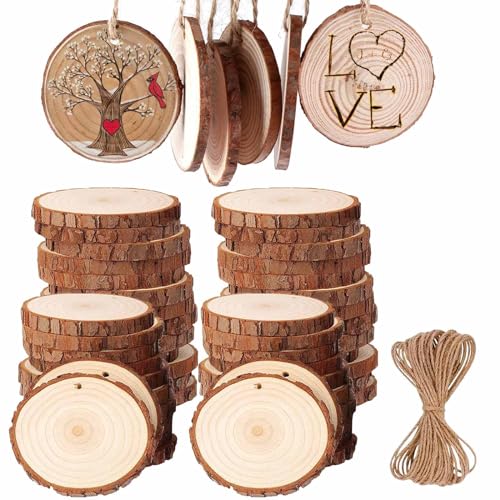 50 PCS Rodajas de Madera Círculos 5-6cm, BetterJonny Discos de Madera Rebanada Natural Con 10m Cuerda Maderas Naturales Perforado Con Corteza de Árbol para Adornos de Halloween Navidad Manualidades