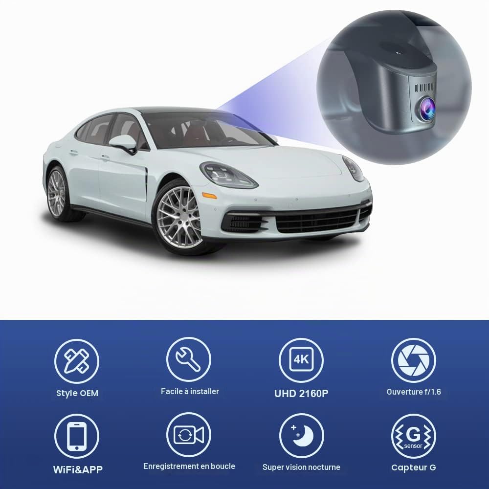 Fitcamx Dashcam Compatible avec Porsche 911(992), Cayenne (9YA 9Y0 9Y3), Panamera (971) et Taycan(modèle A), 2160P 4K OEM WiFi Caméra de Voiture, Mode Parking, G-Senseur, Vision Nocturne,Carte 64 Go