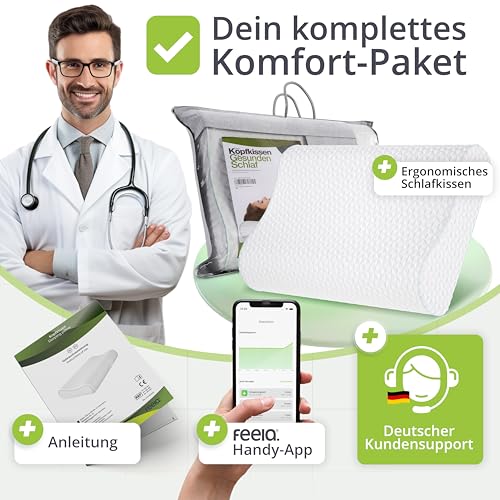 feela.® Orthopädisches Kopfkissen/Schlafkissen [3 Härtegrade] - Lindert Nacken- & Schulterschmerzen, Erhöht Schlafkomfort und Entlastet die Halswirbelsäule | Höhenverstellbar Pillow 60X40 cm (Medium)