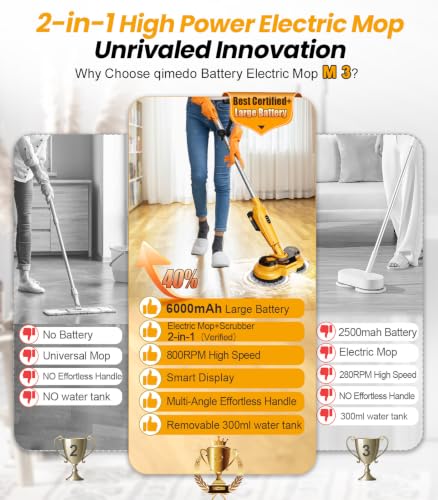 Image of qimedo Cordless Electric Mop M3, 6000mAh, 2-in-1 Power Scrubber & Mops