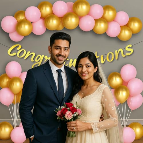 Image of Party Propz Congratulations Banner - 42 Pcs Pink and Golden Congratulations Decoration Items | Balloons For Decoration | Congrats Banner (Cardstock, Latex)