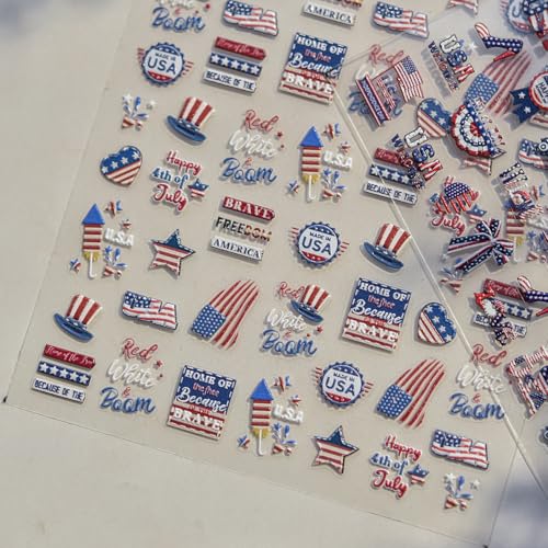 Image of 4th July Nail Art Stickers American Flag Nail Art Decals with Design USA Patriotic Nails Stickers 5D Self Adhesive for Women Girls Kid Manicure DIY Decoration Accessories