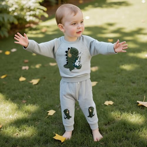 WZTYYDS Toddler Boy Fall Clothes Dinosaur Guitar Embroidery Long Sleeve Pullover Sweatshirt Pants Sets 2Pcs Winter Outfit3