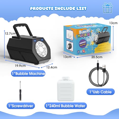 PANACARE Automatic Bubble Machine Portable Bubble Blower with LED Lights /240ml Bubble Solution/10000+ Bubbles Per Minute/12Holes Bubble for Outdoor/Indoor Wedding Party Birthday Gifts - Image 3
