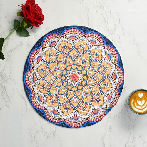 Image of LaVichitra Cotton Table Placemat | Dining Table Mat | Bed Side Table Mat | Cotton Round Shape Placemats | Washable PlaceMat for Shelves & Plant Pots - Pack of 4, Mandala Art