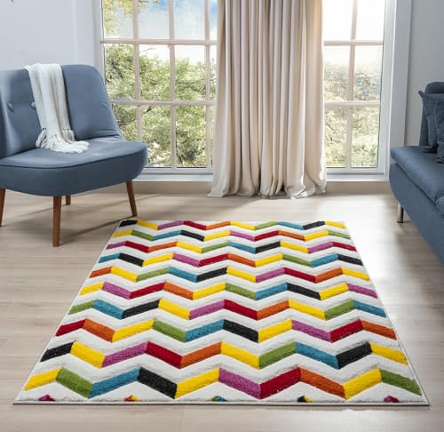 Lord of Rugs Quality Handcarved Geometric Design Rainbow Bedroom Living Room Multi Coloured Rug Coral Multi Medium 120x170 cm (4'x5'6")