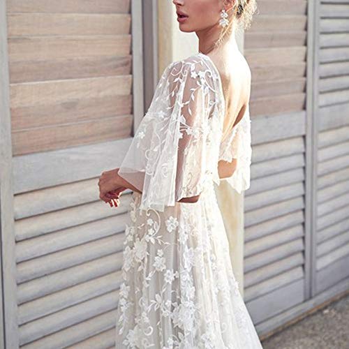 DAYISS Women\'s Bohemian Wedding Dresses Lace Bridal Gown Backless Short Sleeve V Neck Beach Wedding Gowns Party Dress (White, 3XL)