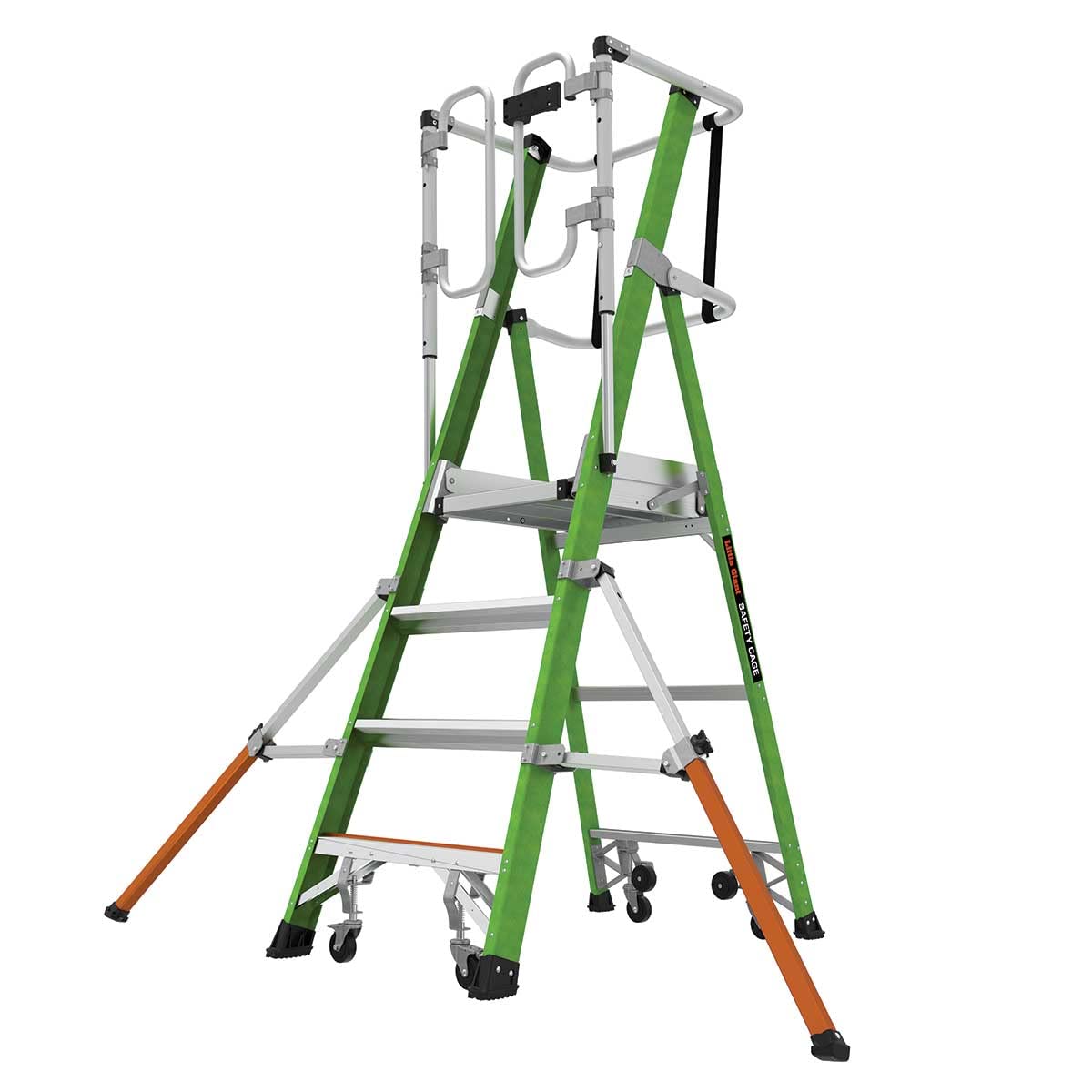 Little Giant Ladders 4 Tread Safety Cage Series 2 Work Platform, Non Conductive Hi Viz Green Fibreglass, Enclosed Safety Cage Work Platform, EN131-7
